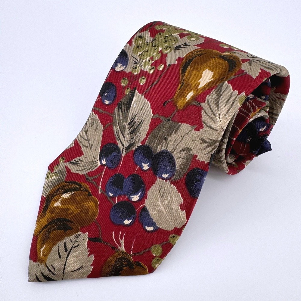 Bugatti Silk Necktie Mens OS Red Botanical Fruit Pear Blueberry Made in USA 56"